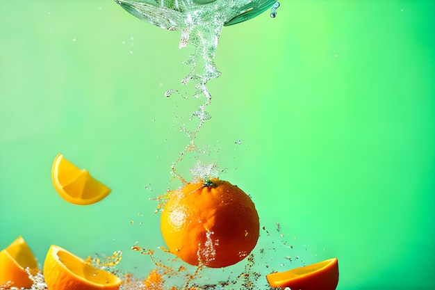 un primer plano de una naranja siendo arrojada a las naranjas de agua flotando en el agua