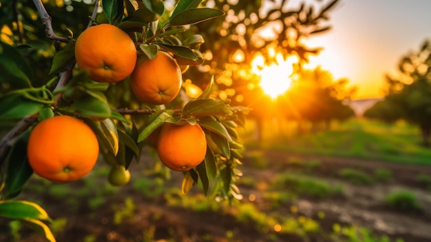 Primer plano de naranjas en un árbol en el huerto durante la puesta de sol