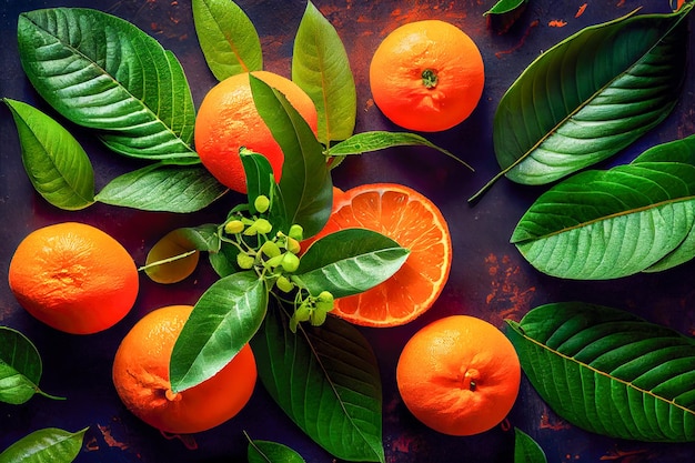 Primer plano de naranjas y hojas verdes vista superior IA generativa