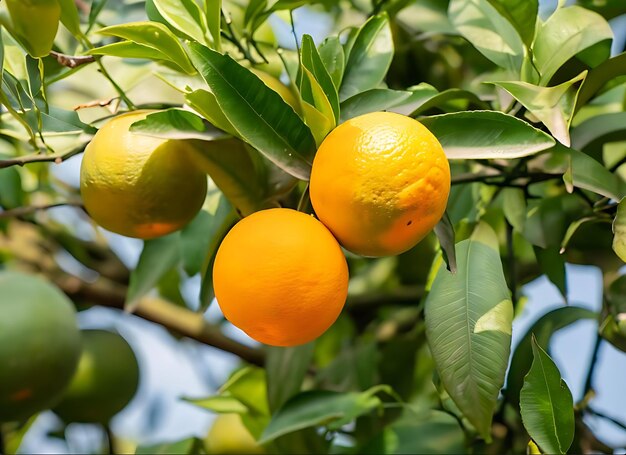 Un primer plano de los naranjos en una granja de frutas orgánicas