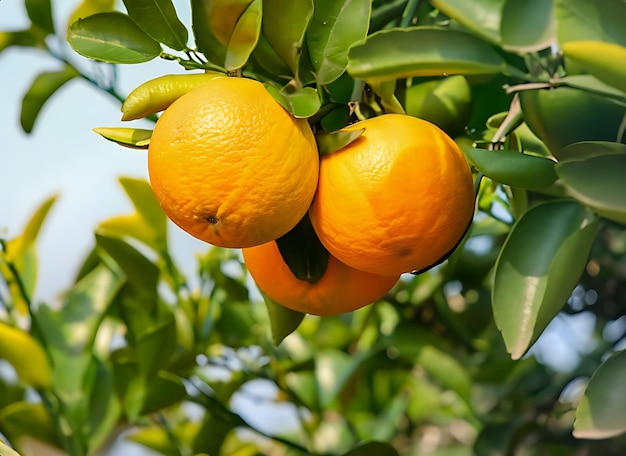 Un primer plano de los naranjos en una granja de frutas orgánicas