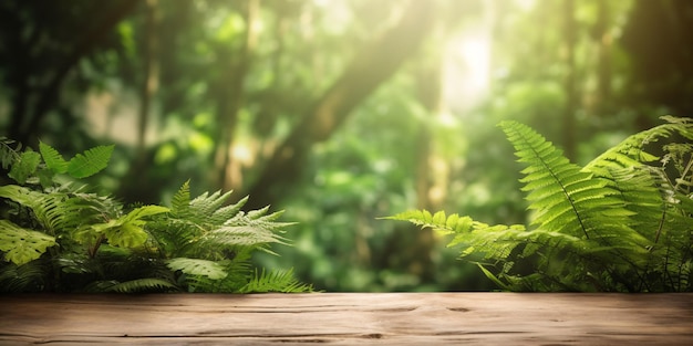 Primer plano natural y sereno de una mesa de madera con una hermosa planta de helecho en primer plano Generativ...