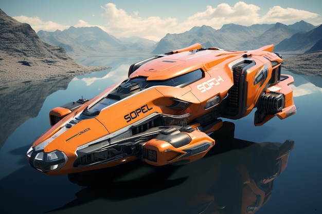 Un primer plano de una nave espacial futurista naranja y gris en el agua