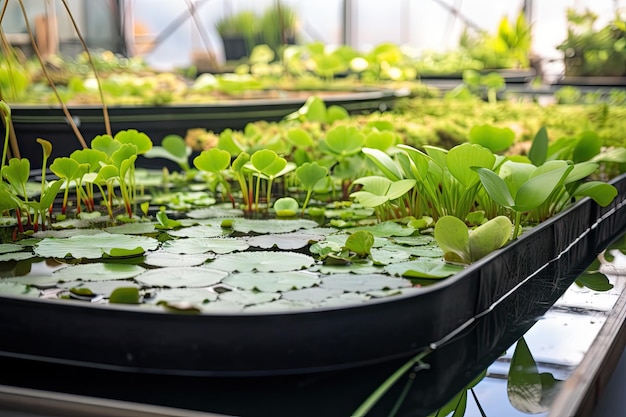 Primer plano de nenúfares y otras plantas acuáticas en un sistema acuapónico creado con IA generativa