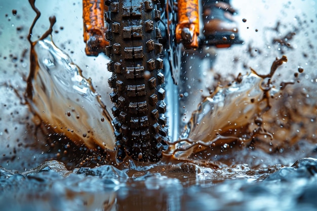 Primer plano de un neumático de bicicleta en el agua