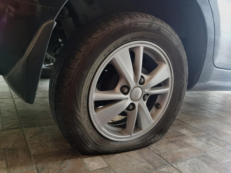 Primer plano de un neumático pinchado en la carretera