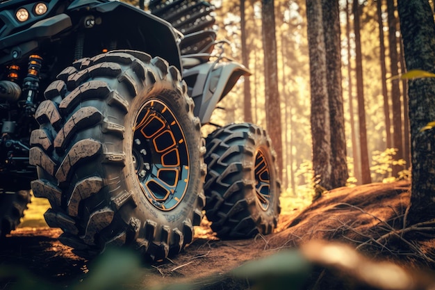 Primer plano de los neumáticos en atv con un sendero forestal visible en el fondo creado con ai generativo