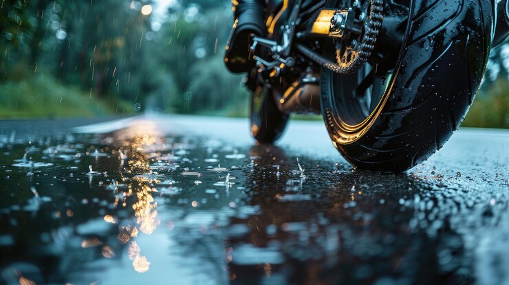 Primer plano de neumáticos de motocicleta en una carretera de asfalto mojado con reflejos de la naturaleza
