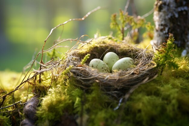 Un primer plano de un nido de pájaros con polluelos recién eclosionados
