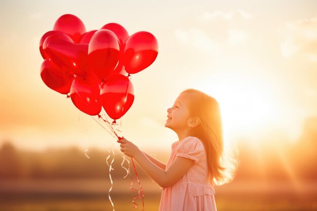 Primer plano de una niña admirando los globos rojos