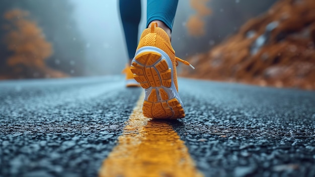 Foto primer plano de una niña corriendo por un camino en el bosque el concepto de deportes y salud