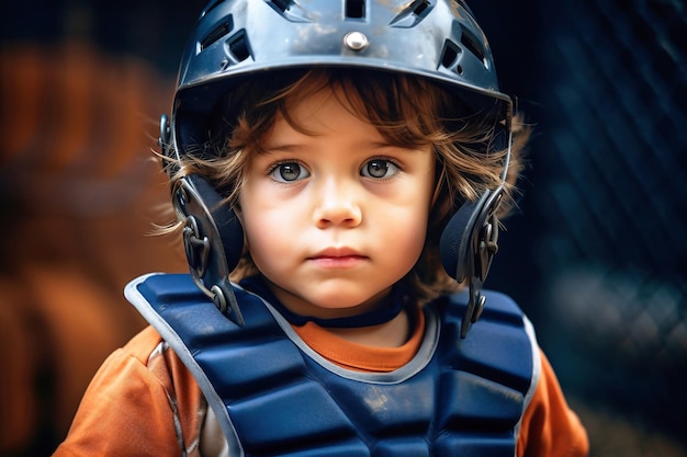 Un primer plano de un niño con un casco de béisbol