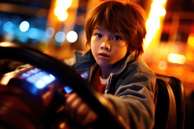 Un primer plano de un niño joven riendo y disfrutando de la adrenalina de una colisión de automóviles generativa AI