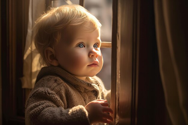 Primer plano de un niño solo en una habitación con ventana y luz natural