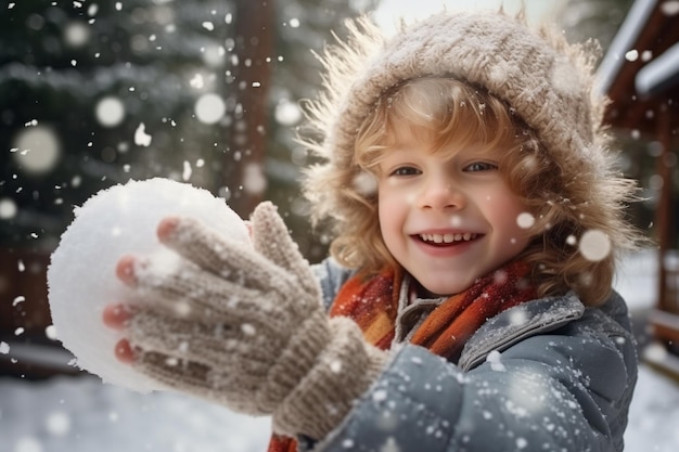 Foto primer plano de un niño con sonrisas de cabello rizado rubio sosteniendo una bola de nieve bajo copos de nieve que caen