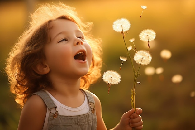 Primer plano de un niño soplando semillas de diente de león con alegría