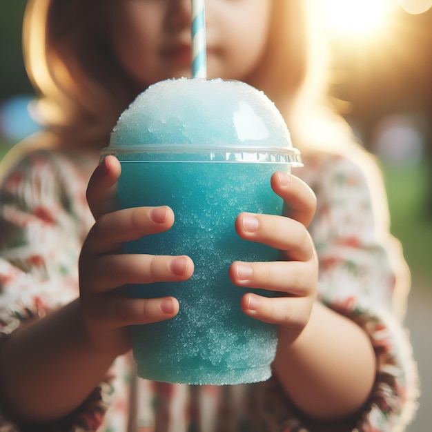 Primer plano de un niño sosteniendo una bebida fría de hielo triturado