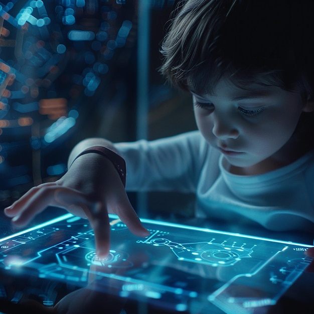 Foto un primer plano de un niño usando un concepto de tecnología de interfaz de pantalla táctil futurista