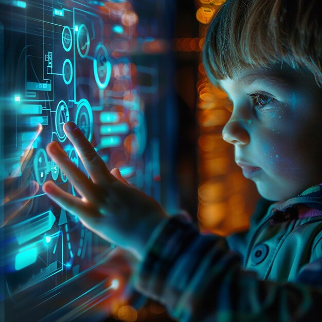 Foto un primer plano de un niño usando un concepto de tecnología de interfaz de pantalla táctil futurista