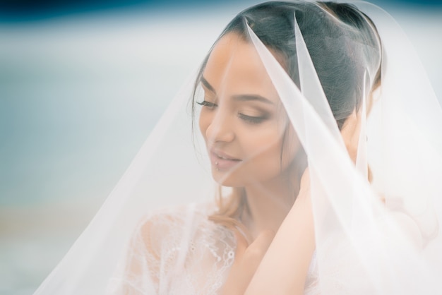 Primer plano de la novia bajo un velo sobre un fondo de cielo azul y mar negro