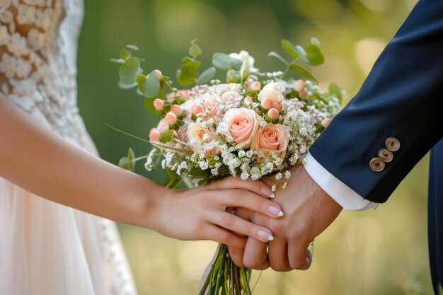 El primer plano de los novios sosteniendo de la mano a las novias se tenderá