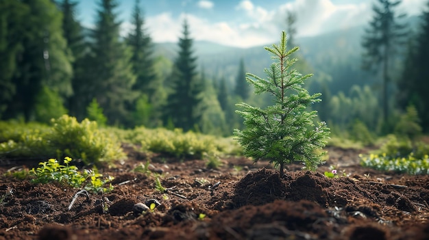 Primer plano de un nuevo arbolito en crecimiento en el bosque con un espacio de texto IA generativa