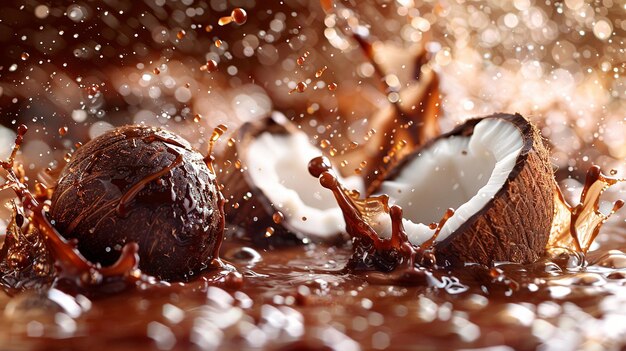 un primer plano de una nuez cubierta de chocolate y coco