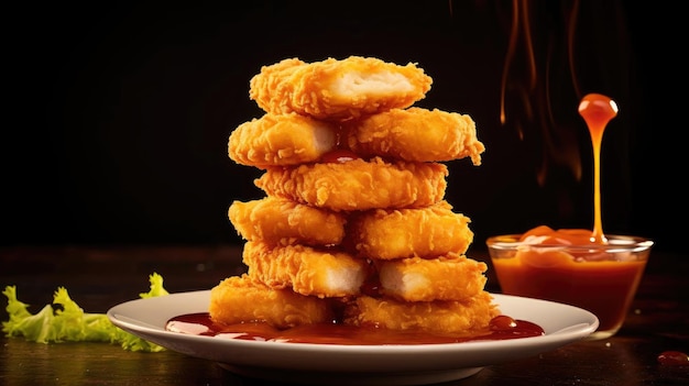 Primer plano de nuggets de pollo con salsa de tomate en una mesa de madera con fondo borroso