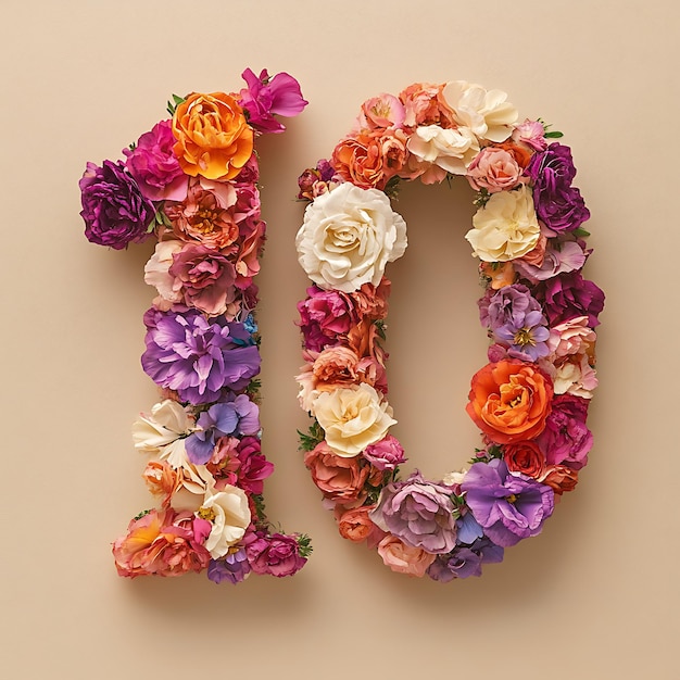 un primer plano de un número hecho de flores en un fondo beige