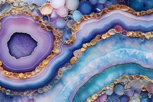Un primer plano de una obra de arte de ágata púrpura y azul.