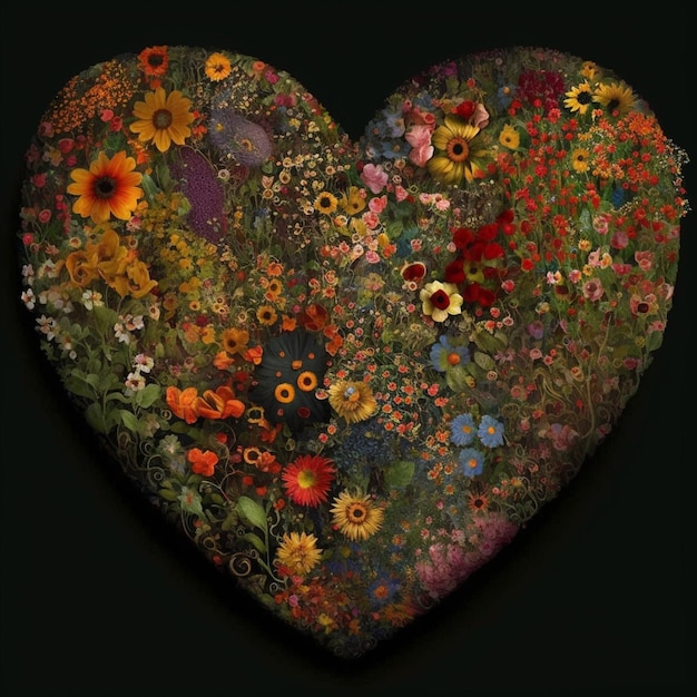 Un primer plano de una obra de arte en forma de corazón con flores ai generativo