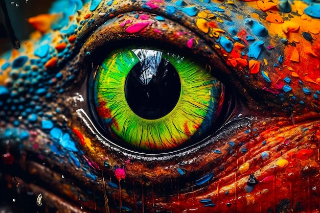 Un primer plano del ojo de un animal con pintura de colores en él IA generativa