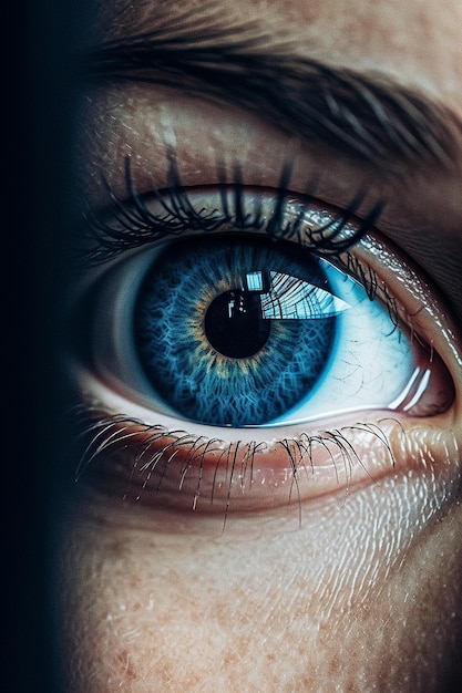 Un primer plano de un ojo azul con un fondo oscuro