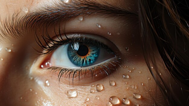 Foto primer plano del ojo azul izquierdo ancho de una mujer con iluminación natural de teleobjetivo con poca luz