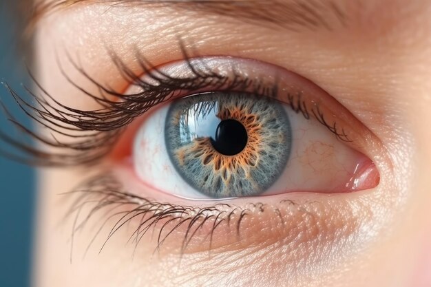 Foto un primer plano de un ojo azul con mucho cabello ia generativa