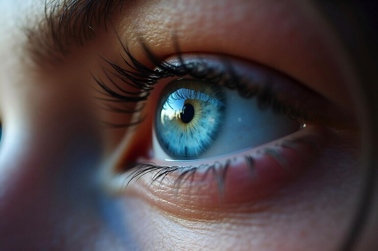 un primer plano de un ojo azul de una mujer con un ojo azul