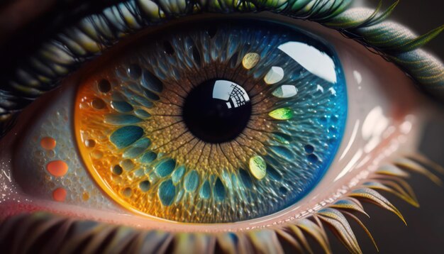 Un primer plano de un ojo azul con la palabra arte en él