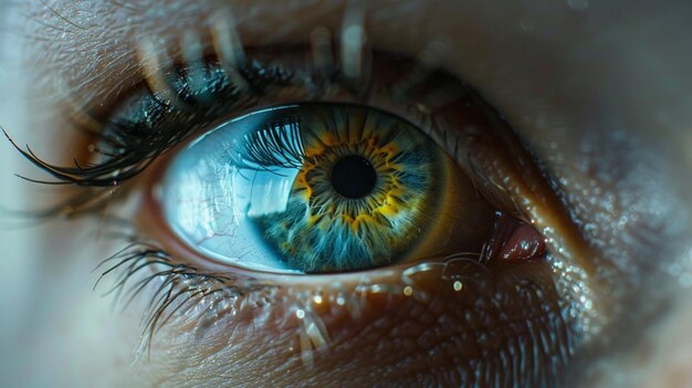 un primer plano de un ojo azul con la palabra en él