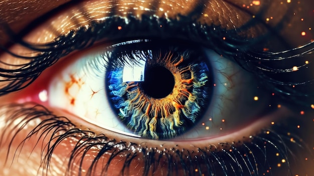 Un primer plano de un ojo azul con la palabra ojo en él