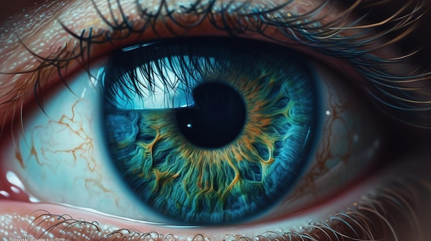 Un primer plano de un ojo azul con la palabra ojo en él