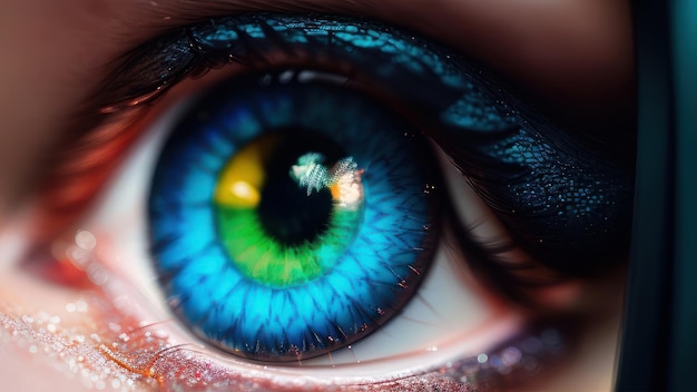 Un primer plano de un ojo azul con la palabra "ojo" en él