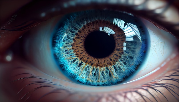 Un primer plano de un ojo azul con la palabra ojo en él