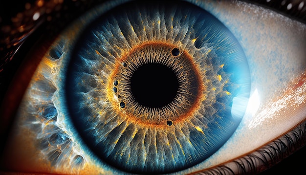 Un primer plano de un ojo azul con reflejos amarillos