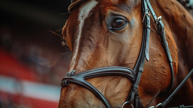 Primer plano del ojo y la brida del caballo ecuestre