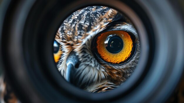 Foto un primer plano del ojo de un búho el búho está mirando directamente a la cámara su ojo es de un color dorado profundo y está rodeado de plumas de color marrón oscuro