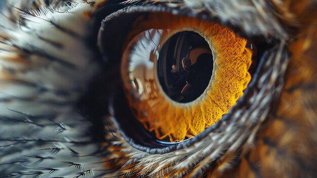 Un primer plano de un ojo de búho con un reflejo de una persona que toma una foto El ojo de la búho es de un color dorado profundo con una pupila negra