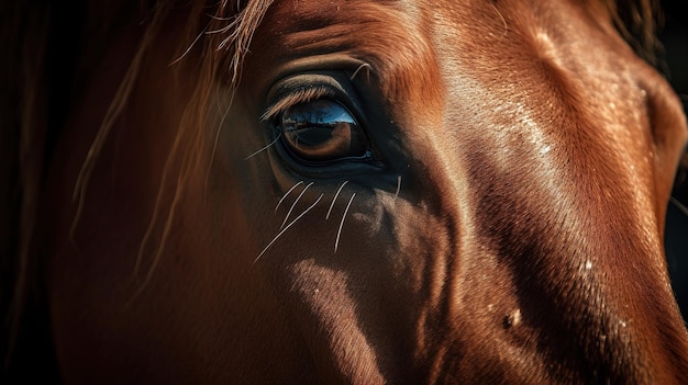 Un primer plano del ojo de un caballo con una mancha marrón oscura en el ojo.