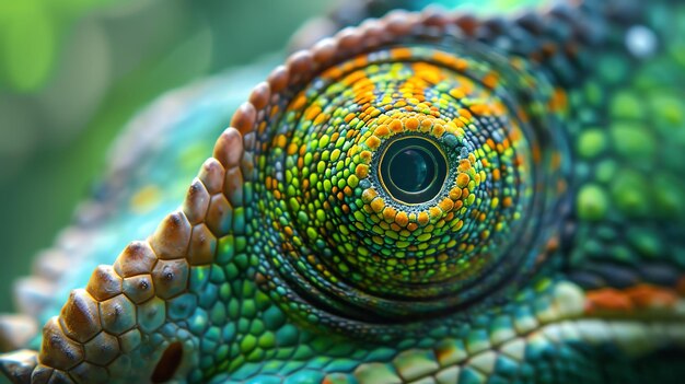 Foto un primer plano del ojo de un camaleón el ojo es de color verde brillante con una pupila negra