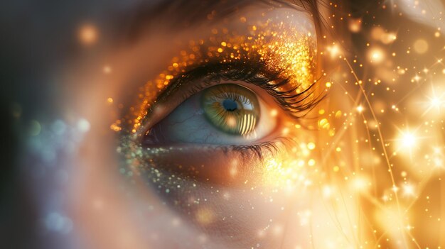 Primer plano en el ojo de una chica con brillo y efecto bokeh amarillo