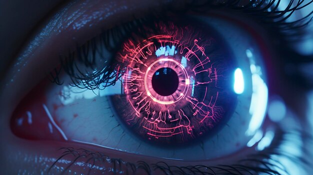 Primer plano de un ojo cibernético con elementos de interfaz futuristas